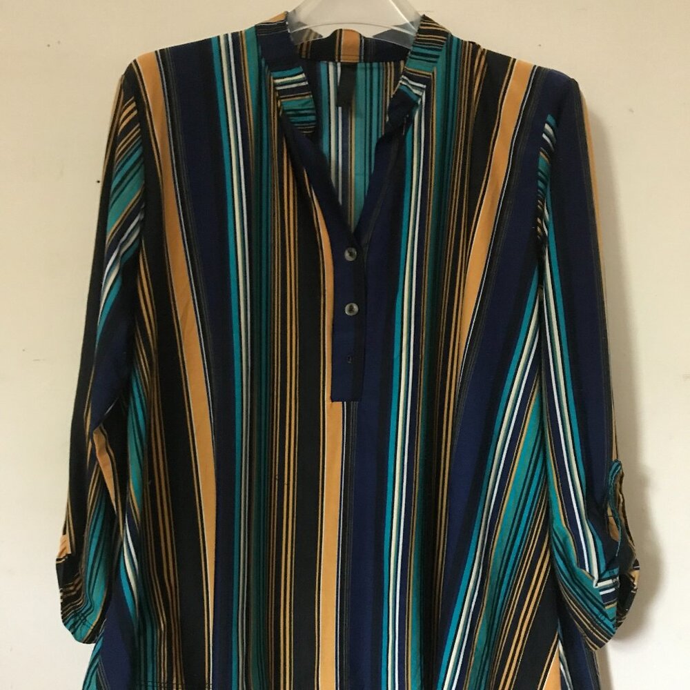 Ashley Blue 3/4 Sleeve Striped Multicolor Blue Yellow Blouse Women's size 2xl